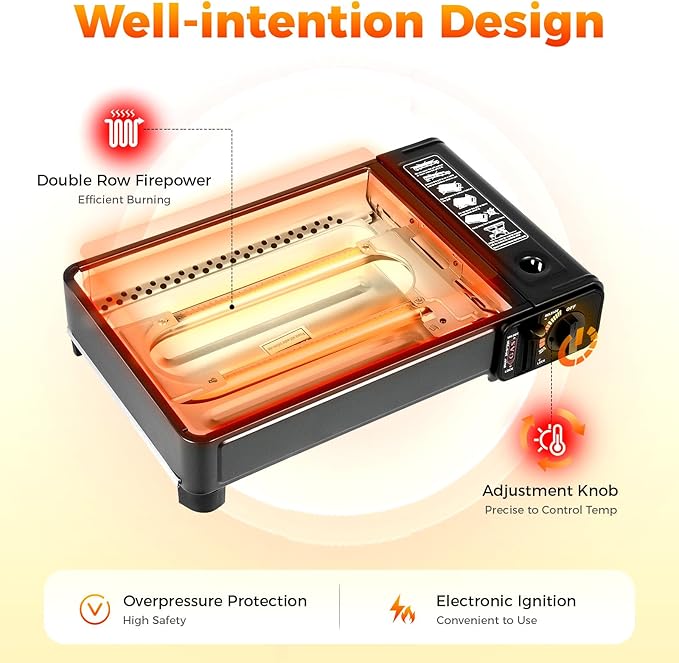 Gas Grill Butane Grill Stove Portable Camping Grill Gas Stove Free Standing BBQ Grill Portable Butane w/Grilling Net Carry Case for Camping Traveling Outdoor Cooking Black