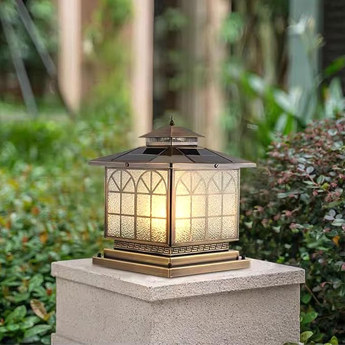 Copper Solar Outdoor Post Lights Vintage Patio Lawn Column Lamp Deck Lights Lantern Fence Lamp Fixture Luxury Landscape Lighting (Solar 12x12in Copper Brown)