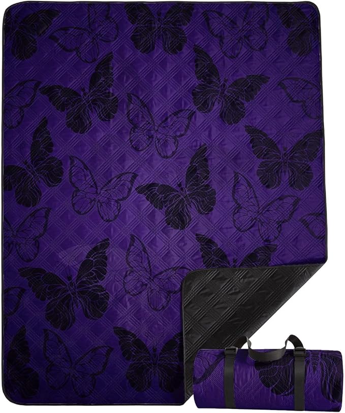 Outdoor Picnic Blanket Portable Ultrasonic Waterproof Picnic Cartoon Black Butterfly Printed Camping Beach Mat for Sand and Wet Grass Hiking (Black Butterfly S