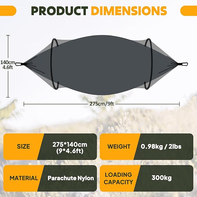 Chihee Ultra-Light Travel Camping Hammock Pop-up Net Hammock 660lbs Load CapacityBreathableQuick-Drying Parachute Nylon 2 Premium Carabiners2 Tree Slings Included for Outdoor Backpacking Hiking