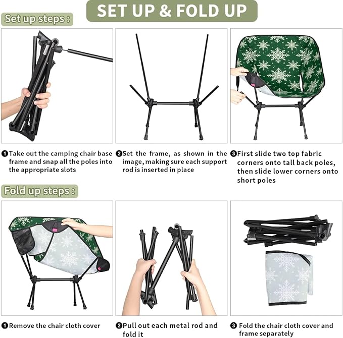 Portable Camping Chair Christmas Snowflakes Ultralight Folding Camping Chair Gothic Snowflakes Backpacking Hiking Chair with Cup Holder for Outdoor Travel Beach Picnic Festival 176 lbs Capacity