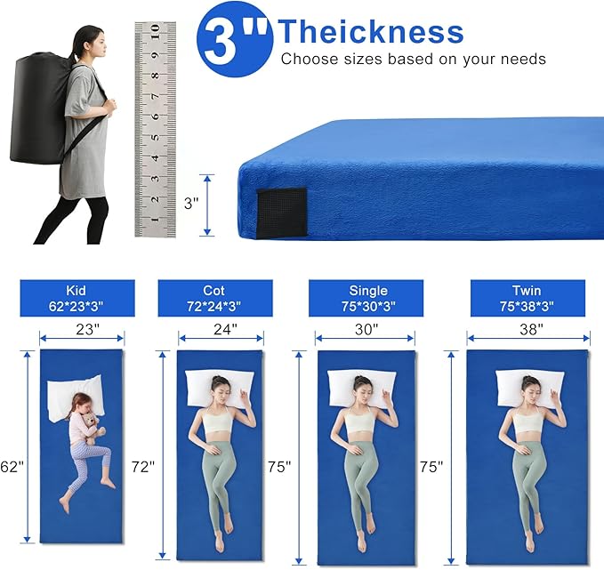 Memory Foam Camping Mattress pad Comfortable Thick Floor Sleeping Mat for Adults with Waterproof and Non-Slip Bottom Portable Roll Up Mattress for Sleepover GuestCot Mad for Car Camping