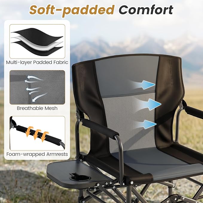 COSTWAY Folding Camping Chair with Side Table Portable Directors Chair with Cup Holder &amp Carry Bag Outdoor Heavy Duty Padded Lawn Chair for Fishing Picnic Sports Beach Support 500 LBS (Gray)