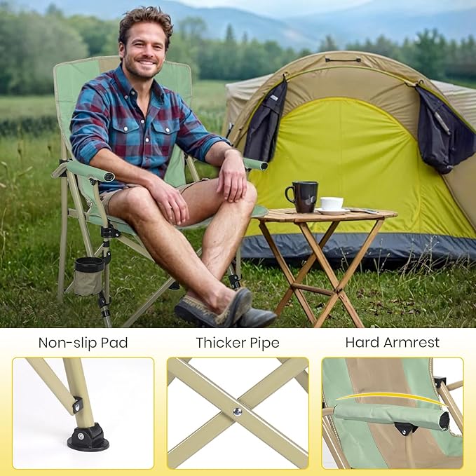 XGEAR Camping Chair with Padded Hard Armrest Sturdy Folding Camp Chair with Cup Holder Storage Pockets Carry Bag Included Support to 400 lbs