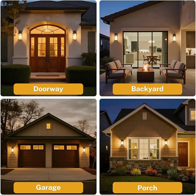 Dusk to Dawn Outdoor Light Front Porch Light Waterproof Exterior Lighting Fixtures Wood Effect Glass Modern Outside Light for House Patio Yard Garage Black 1 Pack