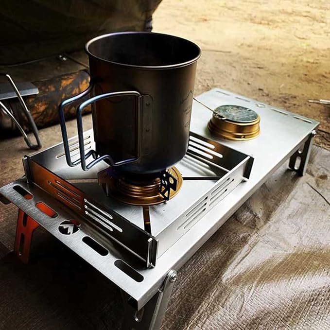 CAMPINGMOON Solo Camping Table Small Tabletop Heat Shield Windshield Stainless Steel Lightweight Compact with Storage Bag for ST-310 Alcohol Stove SK-310CP (Silver-JP)