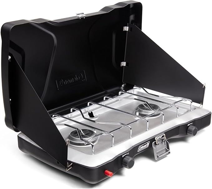 Coleman Triton+ 2-Burner Propane Camping Stove with InstaStart Ignition Portable Camping Cooktop with 2 Adjustable Burners &amp Wind Guards 22000 BTUs of Power for Camping Tailgating Grilling