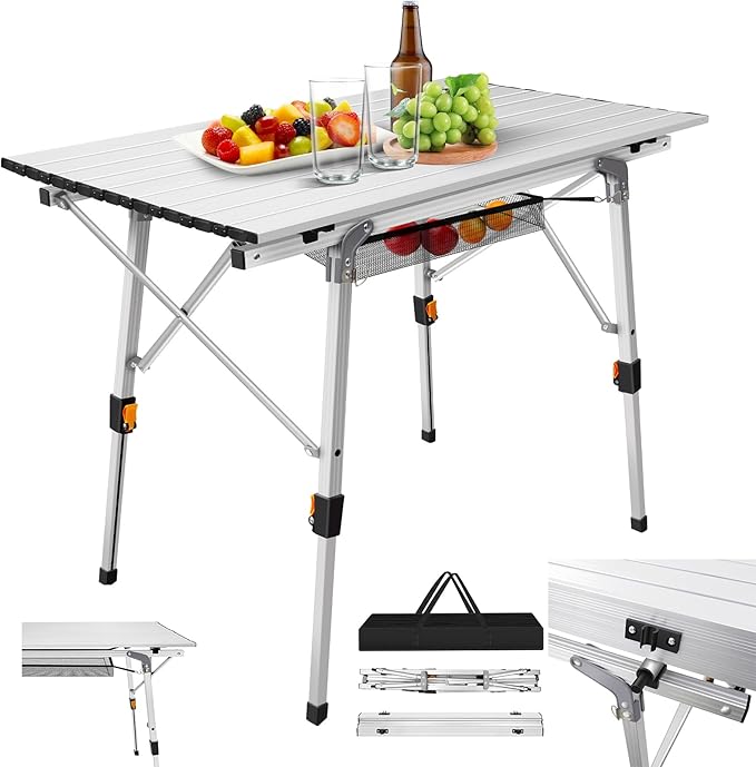 Portable Camping Table with Adjustable Height Legs and Lightweight Aluminum Roll Up for Outdoor Activities Beach Fishing Garden BBQ.