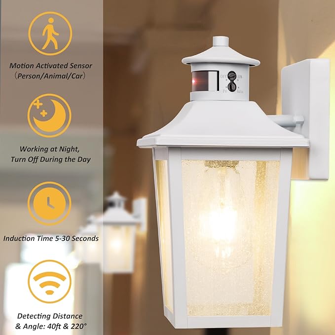 White Motion Sensor Outdoor Wall Light 2 Packs Dusk to Dawn Outdoor Wall Lighting Waterproof Exterior Light Fixture Modern Porch Light Outside Wall Mount for House Patio Garage Anti-Rust