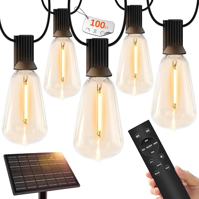 100 FT Solar String Lights Outdoor Waterproof with Remote &amp USB Port Solar Power Patio Hanging Lights with Dimmer Shatterproof LED Edison Bulb Outdoor String Lights for Outside Cafe Yard Fence
