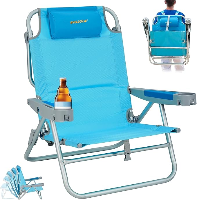 #WEJOY Extra Wide Beach Chairs for AdultsReclining 5 Adjustable Position Folding Beach Chairs with Cup Holder Lightweight Aluminum Backpack Beach Chair with Padded headrest500 LBS Heavy Duty