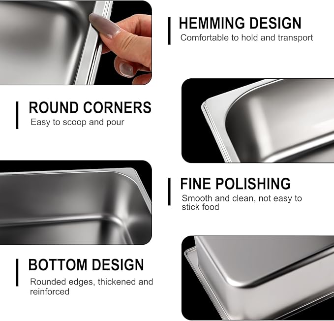 West Bay 4 Pack 1/4 Size Hotel Pan with Lids 4'' Deep Steam Table Pan with Lid 10.2''L x 6.3''W Stainless Steel Pans for Home Party Hotel Buffet