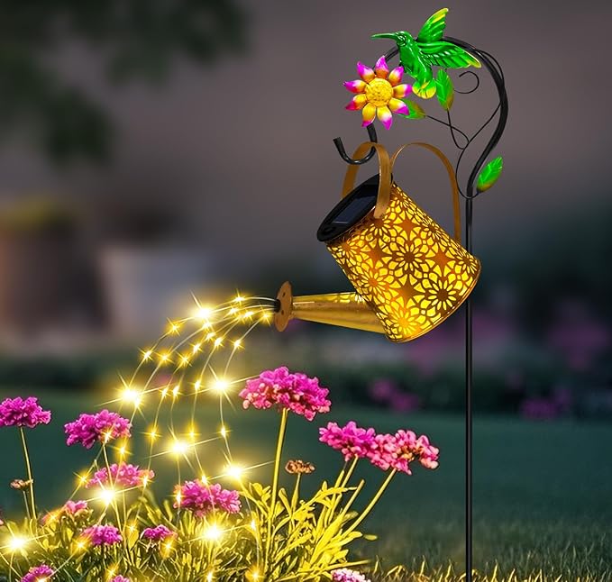 Solar Metal Watering Can with Hummingbird Shepherd Hook and Cascading Lights Outdoor Solar Lantern for Garden Yard Patio Decor and Gardening Gifts for Women Mother's Day