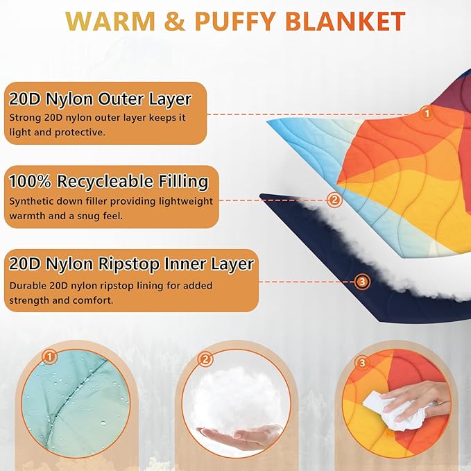 Camping Blanket Packable Down Alternative Puffy Outdoor Blankets Lightweight Water-Resistant Compact Outdoor Blanket for Airplane Travel Picnic Stadium Hiking Party Cold Weather 55x78.8