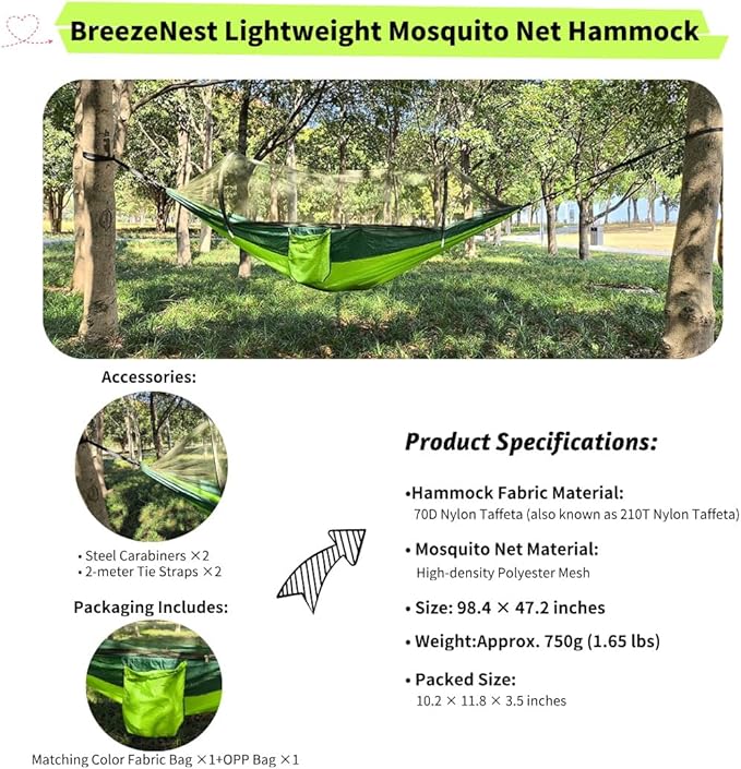 Camping Hammock with Mosquito Net Lightweight Double Hammock for 2 Person 210T Parachute Nylon Portable Sleeping Hammock with Tree Straps &amp Aluminum Carabiners for Hiking Backpacking Outdoor Tr
