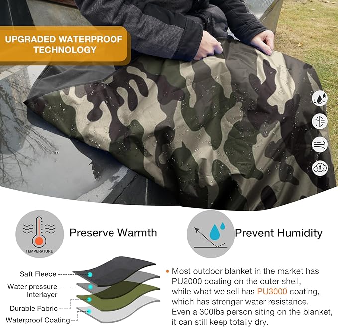 DUKUSEEK Hooded Stadium Blanket Camouflage Waterproof Windproof Outdoor Fleece Blanket - Large (79x56) Portable Wearable Warm for Outdoor Hunting Sporting Events…