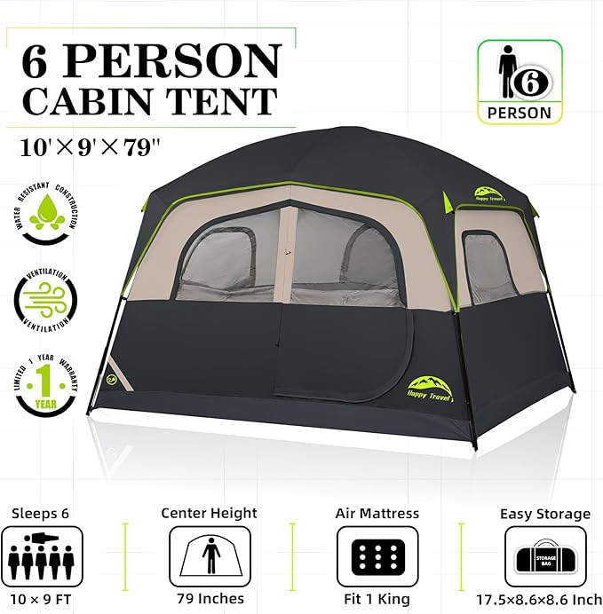 Happy Travel Tent 6 Person Tents for Camping Waterproof Easy Setup Camping Tent with Rainfly Portable Large Family Cabin Tent with 5 Large Mesh Windows and Carry Bag for Outdoor Camping &amp Hiking