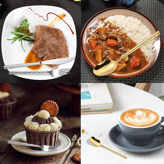 50-Piece Gold Hammered Silverware Flatware Cutlery Set Service for 10304 Thickened Stainless Steel Cutlery KnifeFork and Spoon SetDishwasher SafeGift Package for Wedding Housewarming