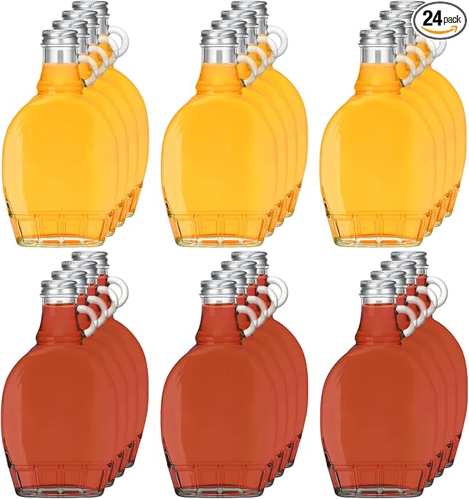 meekoo 24 Pieces 5 oz Glass Syrup Bottles with Aluminum Lid and Loop Handle Glass Maple Bottles Maple Syrup Jars Container with 4 Funnels for Potion Juice Milk Storage Gift Sauce Oil