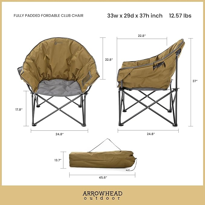 ARROWHEAD OUTDOOR Oversized Heavy-Duty Club Folding Camping Chair with Pocket Cup Holder Portable Padded Moon Round Saucer Supports 330lbs Carrying Bag