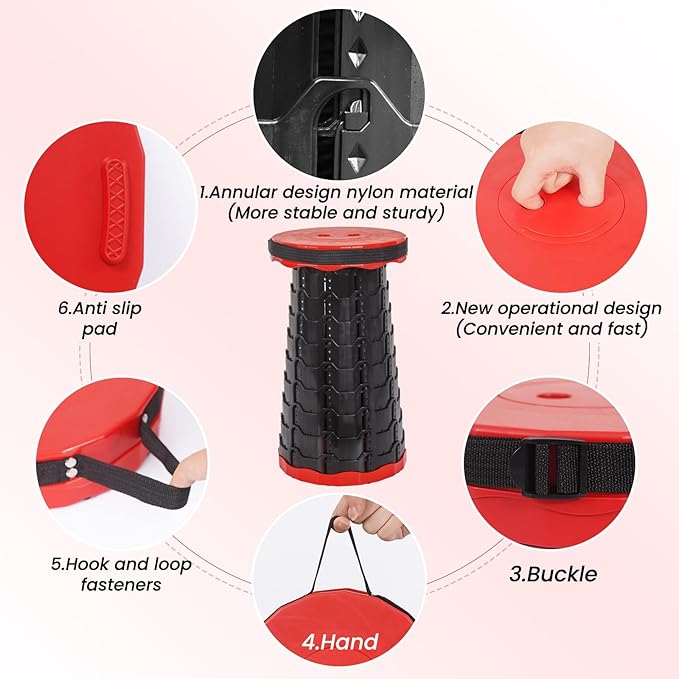 2 Pack Portable Telescoping Stools Collapsible Stool with CushionRetractable Foldingstool Max Load Capacity 400lbs Portable Collapsible Stools for Camping Hiking Outdoor BBQ Black-Red