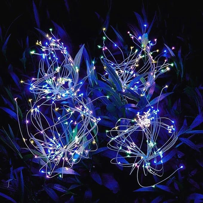Solar Firework Lights 2Pcs Garden Lights Outdoor Waterproof 120 LED with 8 Modes Twinkling and Steady-On Festive daysStarburst Lights for Path Patio Yard (Colorful)