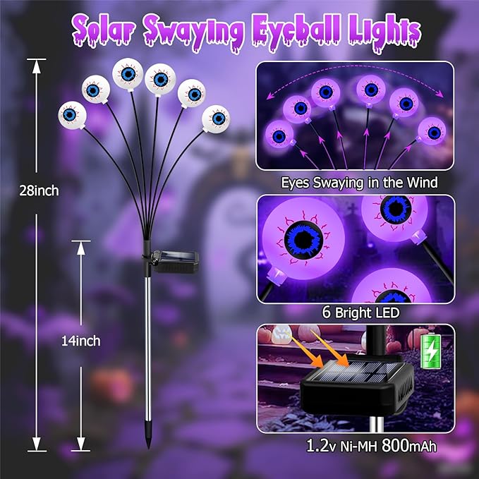 Purple Halloween Decorations Outdoor 8 Pack 48 LED Solar Scary Eyeball Swaying Lights Purple Solar Firefly Light Waterproof Outdoor Garden Lights for Halloween Yard Garden Lawn Party Flower Bed