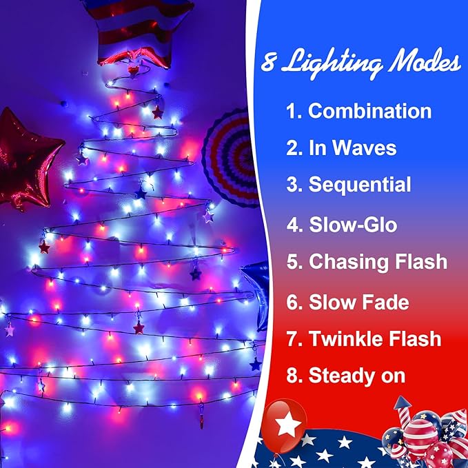 QITONG 500 LED Red White and Blue String Lights 165ft 4th of July Decorations Lights Plug in Outdoor Indoor 8 Modes Patriotic Light Green Wire for Independence Memorial Day Décor