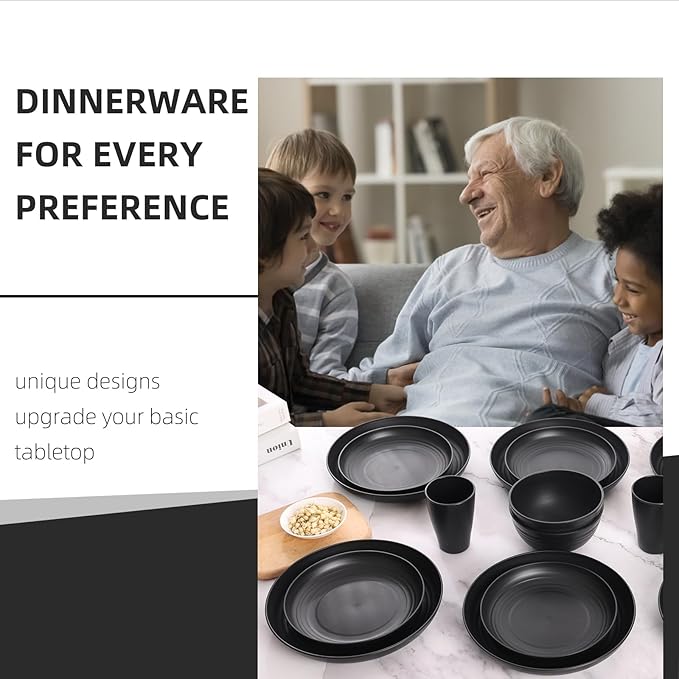 Black Plates and Bowls Sets for 8Wheat Straw Dinnerware Sets Black Plastic Reusable Dishwasher Safe for Kitchen Halloween Camping32 Pcs Lightweight Unbreakable Plastic Dishes Set Outdoor