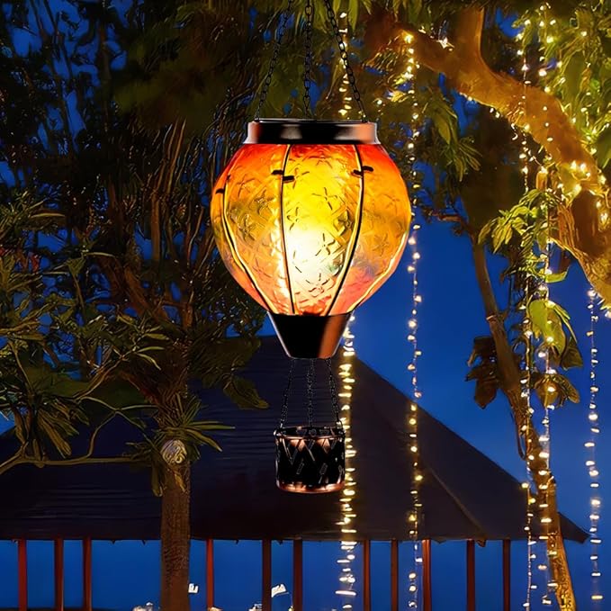 DREAMSOUL Rainbow Hot Air Balloon Solar Lantern Metal &amp Glass Solar Lantern with Flickering Flame Hanging Solar Lanterns Outdoor Waterproof for Lawn Patio Tree Decor