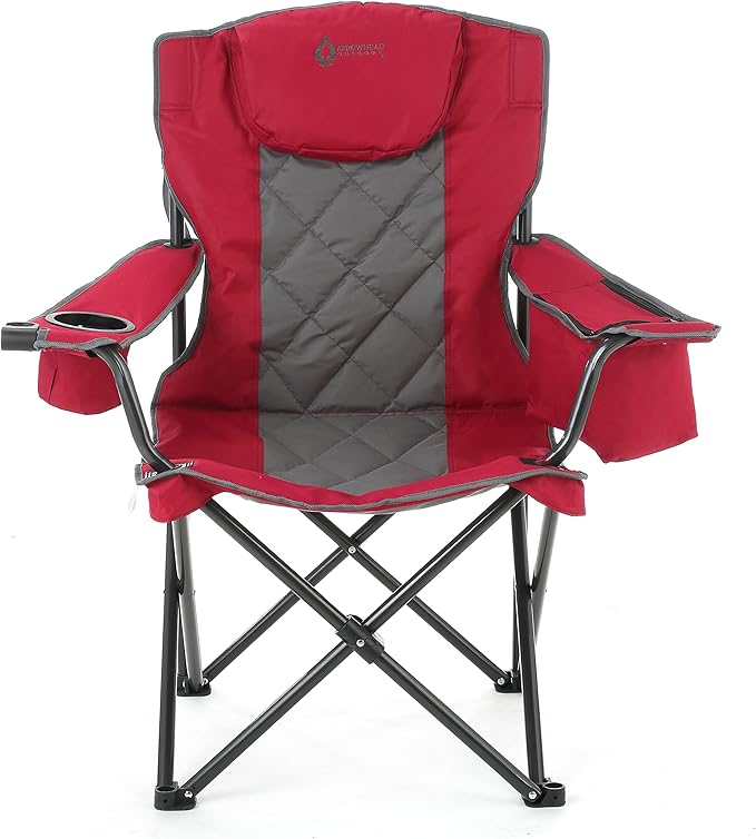 ARROWHEAD OUTDOOR Portable Deluxe Folding Camp Quad Chair w/Headrest Glass &amp Cup Holders Armest 6-can Cooler Heavy Duty Carry Bag 550 lbs Weight Capacity