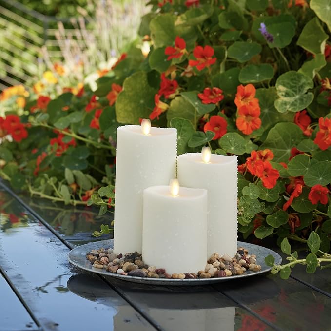 Luminara Outdoor Flameless LED Ivory Candle Melted Edge 3.75 x 9 Real Moving Flame Battery Operated Timer Plastic Weather-Resistant