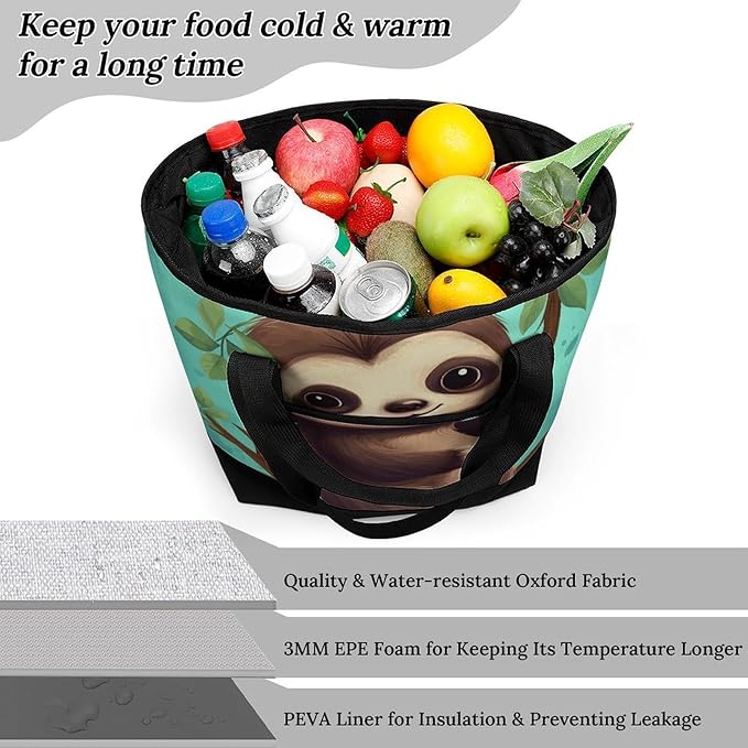 Insulated Shopping BagLarge Reusable Cooler Bags Cute Sloth Printed Foldable Shopping BagTravel Waterproof Shoulder Bag