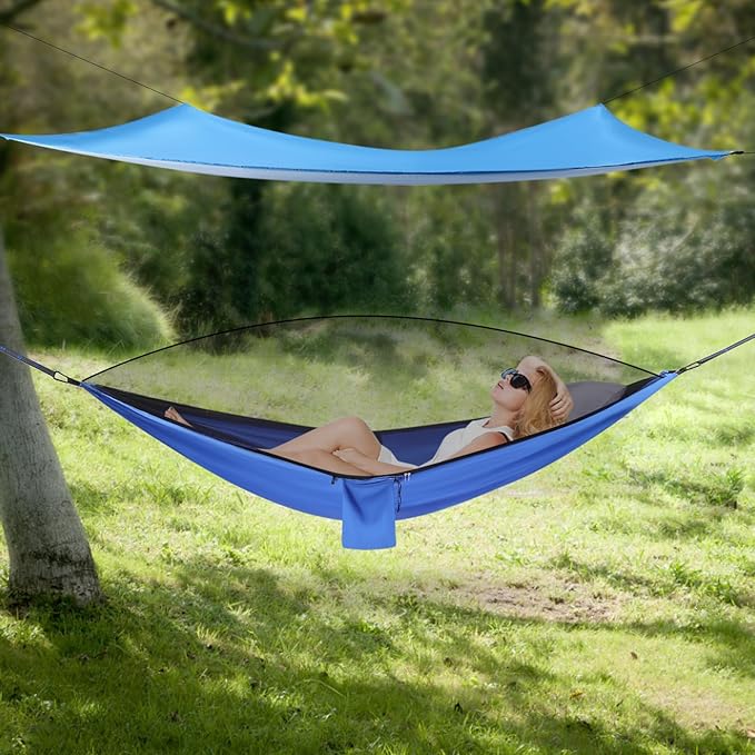 Camping HammockPortable Camping Hammock with Mosquito Net and Waterproof Tarp200kg Heavy-Duty Hammock for BackpackingHikingTravel-Lightweight and Compact Blue Design