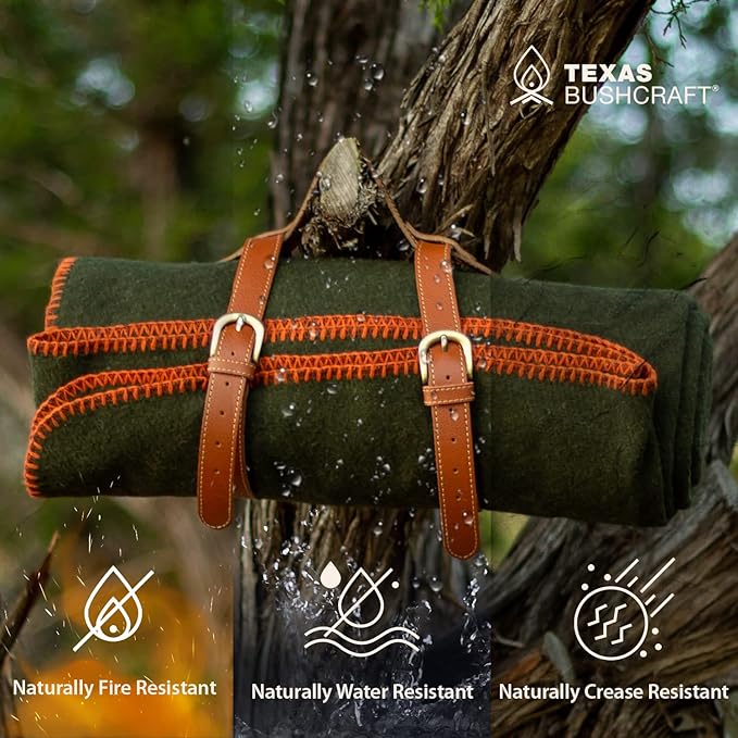 Texas Bushcraft Merino Wool Blanket for Camping Hiking and Backpacking - Water and Fire Resistant Camp Car Blanket Fast-Warming and Durable With Double-Stitched Edging (66 x 90)