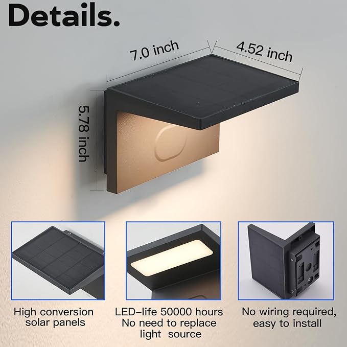 Solar Sconce Lights Outdoor Waterproof Modern Solar Wall Lights Outdoor Luxury Aluminum Model Wireless Porch Patio Wall Light Fixture Automatic Light On Off Black