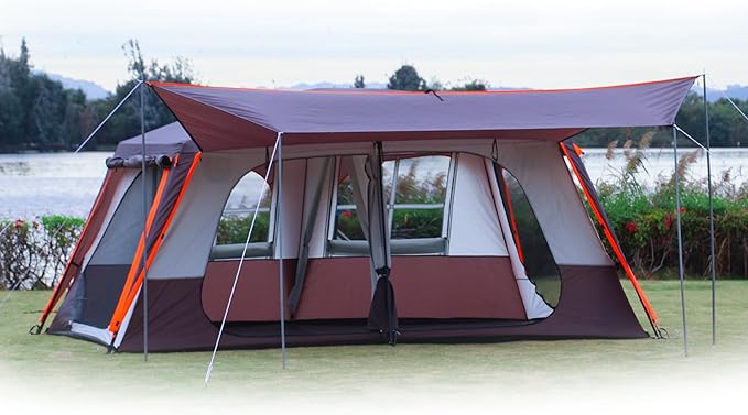 KTT Extra Large Tent 12 PersonFamily Cabin TentsAwning2 Rooms4 Doors and 4 Windows with MeshStraight WallWaterproofDouble LayerBig Tent for OutdoorPicnicCampingFamily Gathering