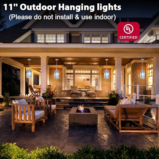 Outdoor Pendant Light 11 Porch lights Outdoor Chandelier Hanging Ceiling Lights White Aluminum Lightshade with Tempered Glass Exterior Lighting Fixture for Porch Yard Gazebo 1 Pack No Sensor
