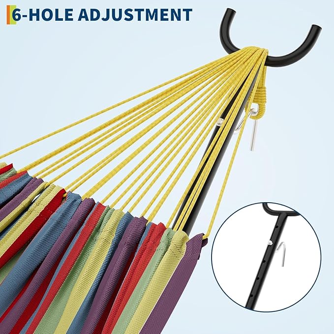 Double Hammock with Space Saving Steel Stand Included-2 Person Camping Hammock with Carry Bag Outdoor Portable Hammocks 450lb Capacity Standing Hammocks for Garden Yard(Yellow Rainbow)