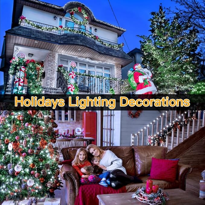 Ollny Christmas Lights 198 FT 600 LED Outdoor Waterproof Plug in Christmas Tree Lights with 8 Modes Remote Timer String Lights for House Yard Outside Indoor Xmas Decorations White