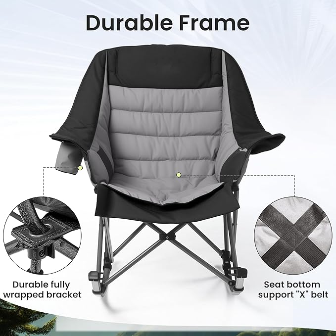 Oversized Rocking Camping Chair for Adults 400LBS Capacity Foldable Outdoor Rocker with Padded Seat Cup Holder Portable Camp Chair for Camping Backyard Patio Beach (Dark Black 2 PCS)
