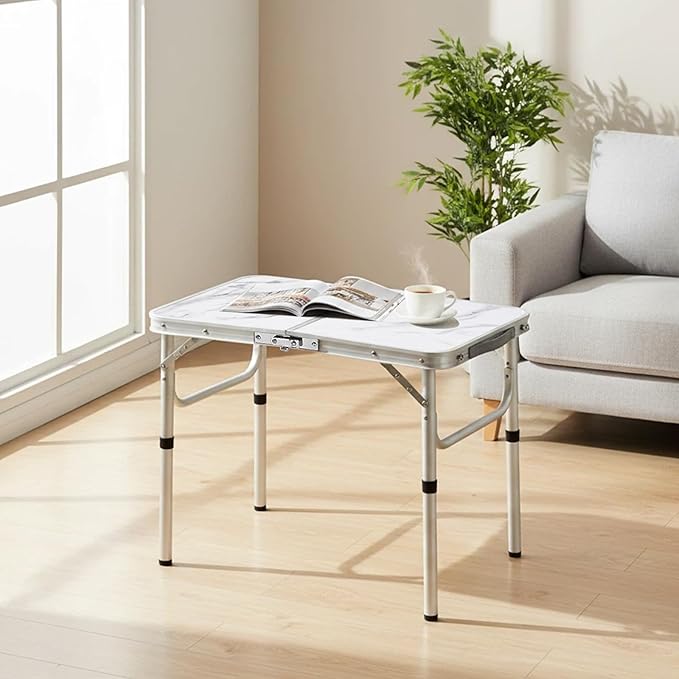 Small Folding Camping Table 2ft Portable Table with 3 Adjustable Heights Aluminum Lightweight Foldable Picnic Table with Mesh Layer and Extension Legs for RV BBQ and Indoor