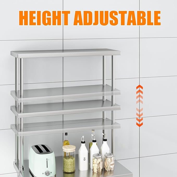 12x30 Stainless Steel Double Overshelf 2-Tier Adjustable NSF Shelf for Prep/Work Table Commercial Restaurant Kitchen Garage Utility Room