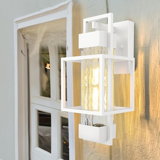 PARTPHONER Modern Outdoor Light Fixture Dusk to Dawn Outdoor Lighting 15 H Exterior Wall Sconce Waterproof Porch Light Outside Light for House with Water Glass for Garage Doorway White