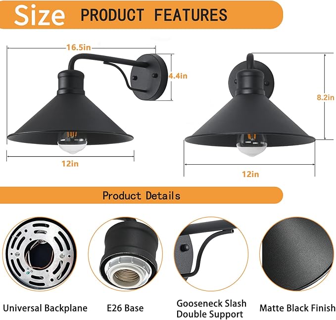 12in Matte Black Outdoor Wall Lights Modern Farmhouse Porch Wall Light Fixtures Wall Mount Exterior E26 Barn Lights for Garage Frontdoor Entryway Bathroom Doorway 2-Pack