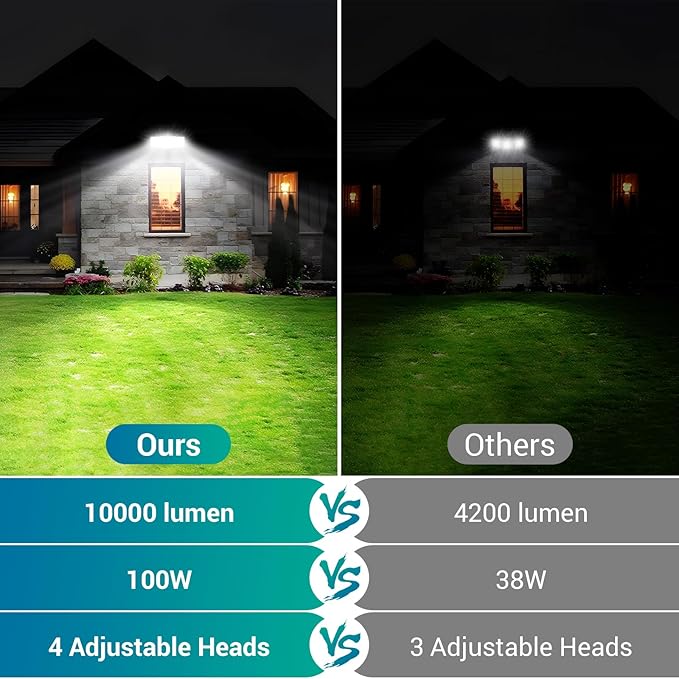 USTELLAR 100W 10000lm Floods Light Outdoor Switch Controlled LED Security Lights with 4 Adjustable Heads 5000K Daylight IP65 Waterproof Bright Exterior LED Flood Light Hardwired Yard-White