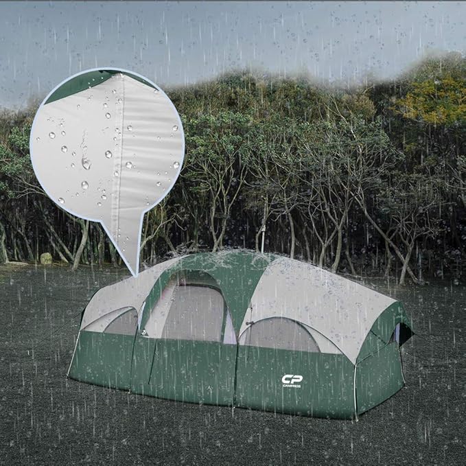 CAMPROS CP Tent 8 Person Camping Tents Weather Resistant Family Tent 5 Large Mesh Windows Double Layer Divided Curtain for Separated Room Portable with Carry Bag