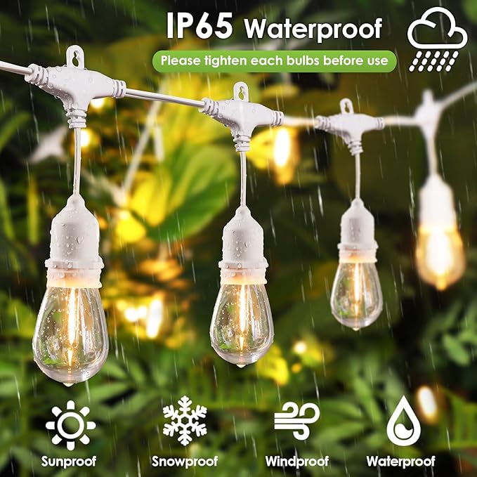 96FT(2 * 48FT) Outdoor String Lights with Remote Dimmable Patio Lights with 30+4 3 Modes 4 Timers LED Bulbs for Deck Gazebo White 2 Pack