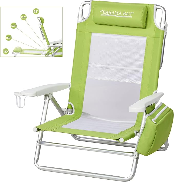 Old Bahama Bay Reclining Beach Chair Backpack 5-Position Lay Flat Lounge Chair for Adults Heavy Duty Portable Folding Lightweight with Cooler Bag Camping Chair for Sand Outdoor