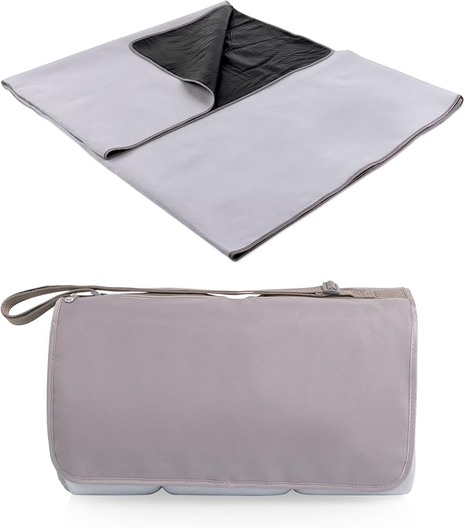 Picnic TIME Blanket Tote XL Outdoor Picnic Blanket 70x80 Foldable Beach Mat with Soft Fleece Top Water-Resistant Backing Carry Strap &amp Pocket Portable Blanket for 4-5 People (Greige)